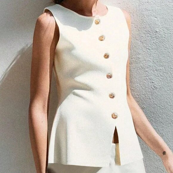 White Casual Women's Metal Button Open Front Sleeveless Jacket - Picture 4 of 9